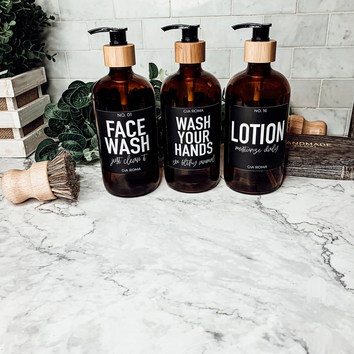 16oz Amber Glass Boston Round Soap Refill Bottle Black Label Set - Image 20