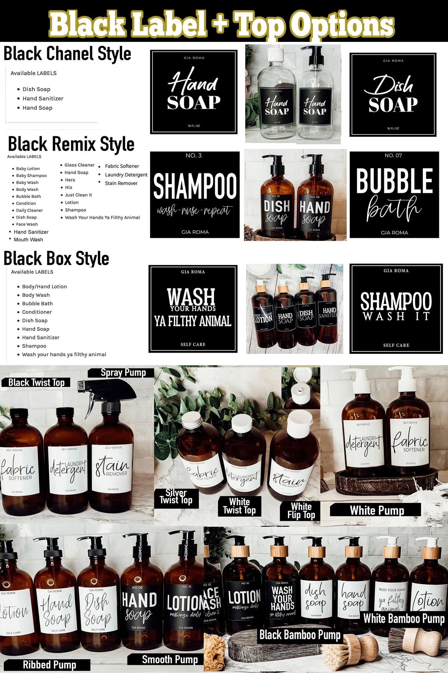 16oz Amber Glass Boston Round Soap Refill Bottle Black Label Set - Image 5