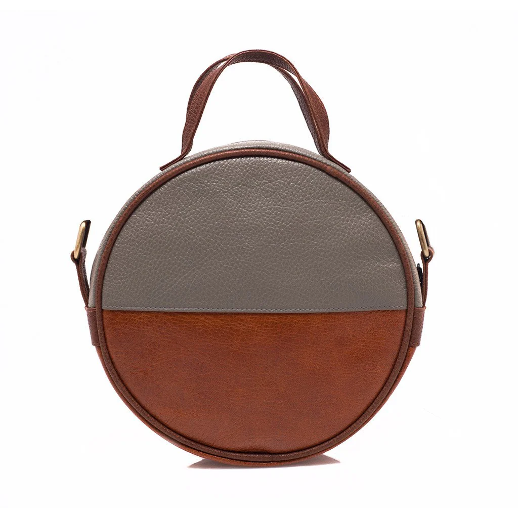 Brown Eco Leather Moon Bag Crossbody Clutch Retro Gray Accent Handwoven Lined - Image 3