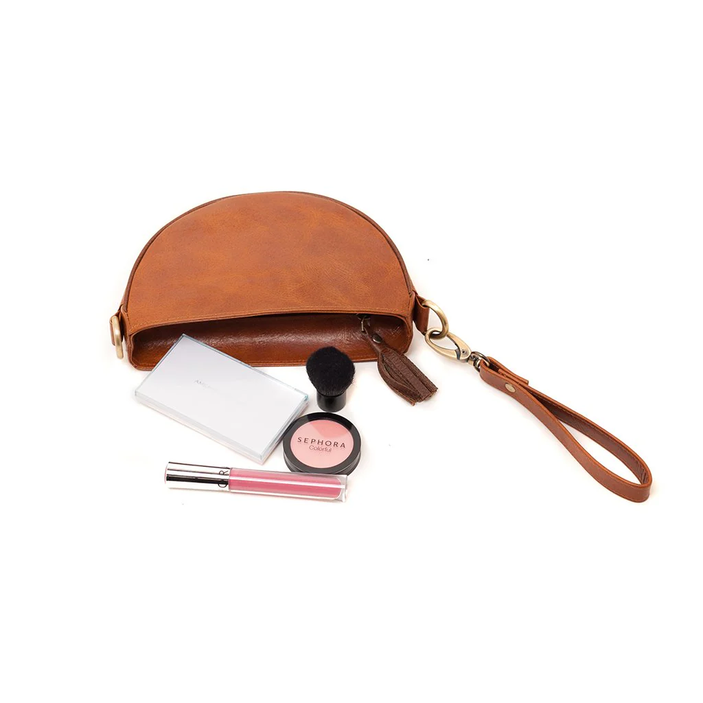 Brown Half Moon Crossbody Clutch Wristlet Eco Leather Tassel Bag - Image 3