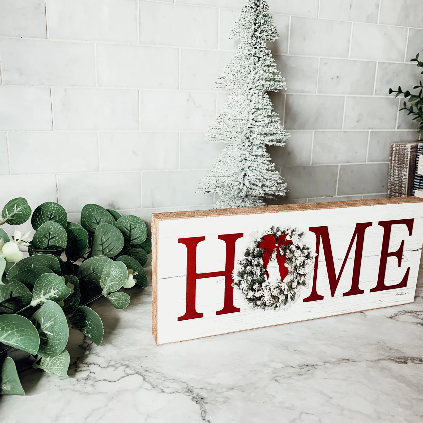 Christmas Home Wreath Sign Holiday Mantel Shelf Tray Decor Rustic Wooden - Image 4