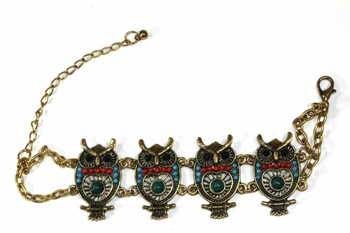 Handmade Gold Tone Owl Bracelet With Colorful Bead Drops - Image 5