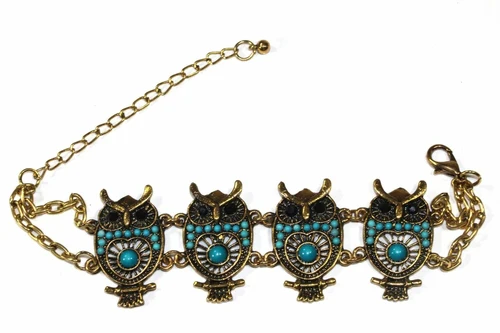 Handmade Gold Tone Owl Bracelet With Colorful Bead Drops - Image 6