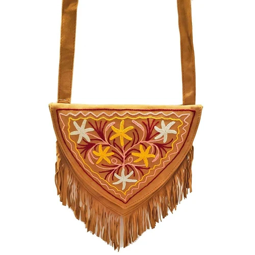 Kashida Embroidered Bihar Suede Fringe Tassel Shoulder Bag - Image 5