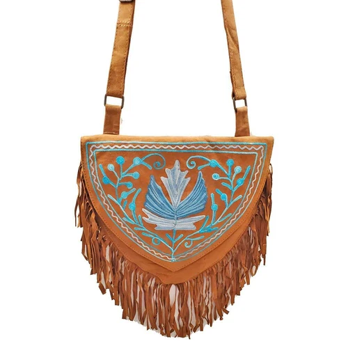 Kashida Embroidered Bihar Suede Fringe Tassel Shoulder Bag - Image 6