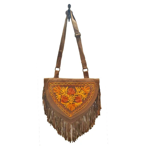 Kashida Embroidered Bihar Suede Fringe Tassel Shoulder Bag - Image 7