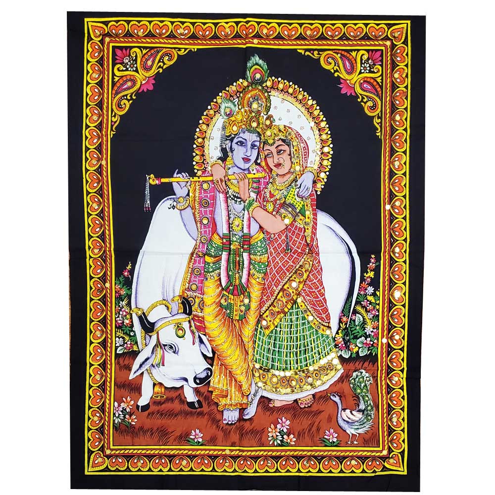 Krishna Wall Art Black Handpainted Cloth Banner Sequin - Image 3