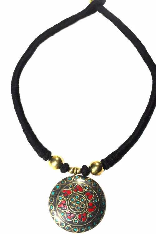 Mosaic Medallion Necklace Colorful Handplaced Brass Pendant - Image 10