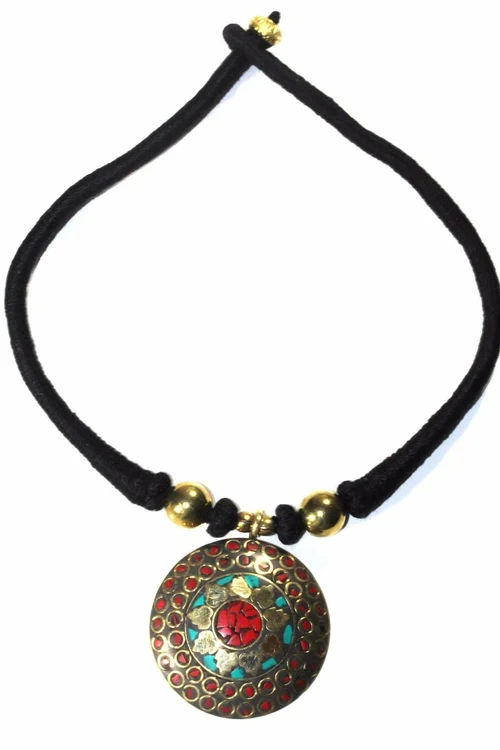 Mosaic Medallion Necklace Colorful Handplaced Brass Pendant - Image 11