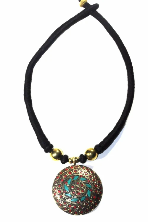 Mosaic Medallion Necklace Colorful Handplaced Brass Pendant - Image 12