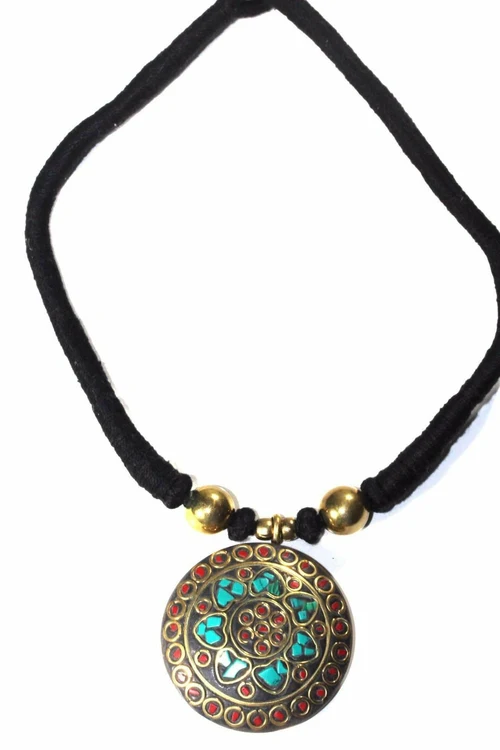 Mosaic Medallion Necklace Colorful Handplaced Brass Pendant - Image 15