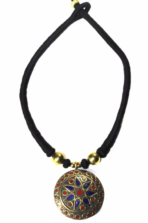 Mosaic Medallion Necklace Colorful Handplaced Brass Pendant - Image 3