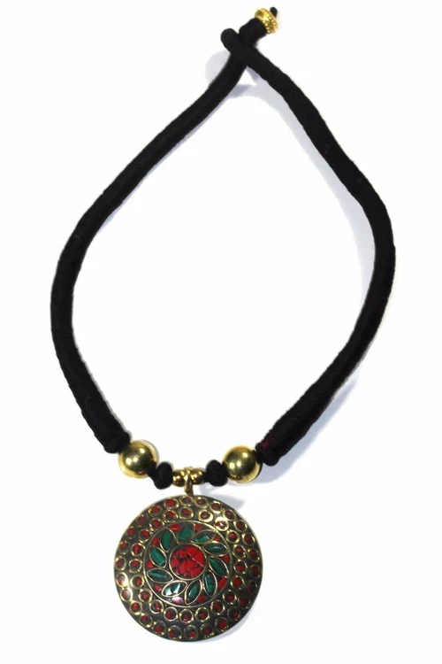Mosaic Medallion Necklace Colorful Handplaced Brass Pendant - Image 5
