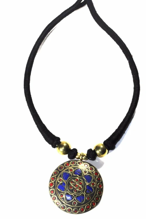 Mosaic Medallion Necklace Colorful Handplaced Brass Pendant - Image 6