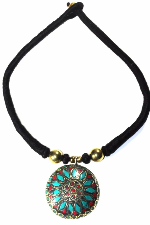 Mosaic Medallion Necklace Colorful Handplaced Brass Pendant - Image 7