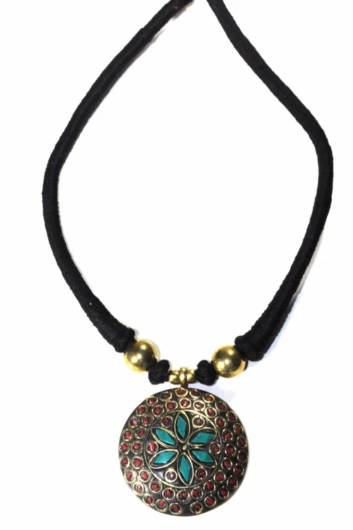 Mosaic Medallion Necklace Colorful Handplaced Brass Pendant - Image 8