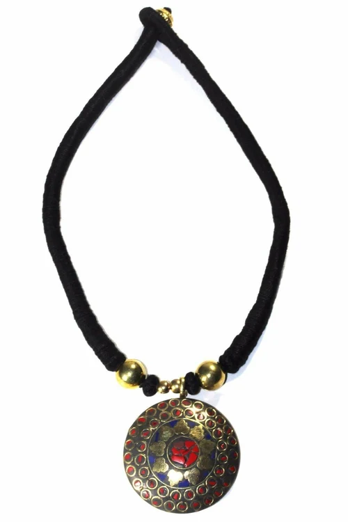Mosaic Medallion Necklace Colorful Handplaced Brass Pendant - Image 9