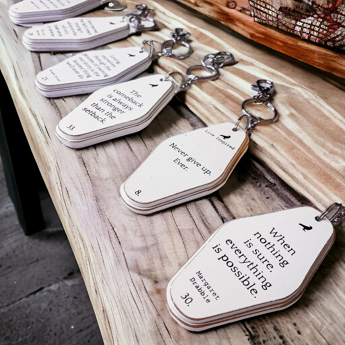 Wooden Inspirational Key Chains Reversible Heavy Duty Motivational Quotes Keyring Set 10 Plus Styles - Image 9