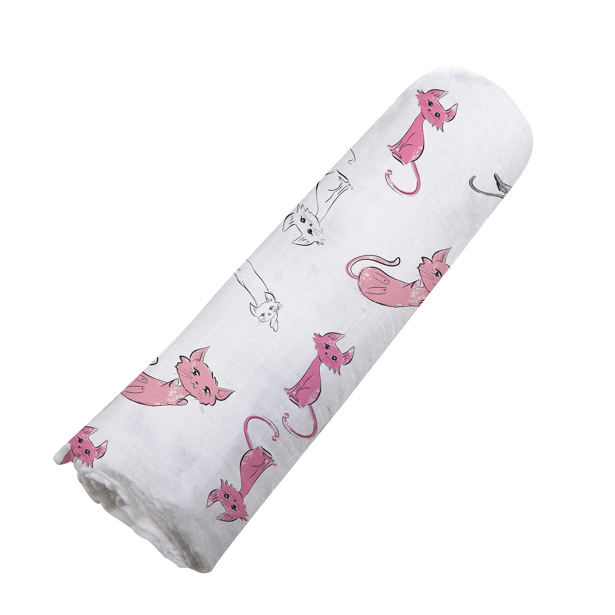 Bamboo Muslin Swaddle Pink Kitty Print Breathable Soft - Image 3
