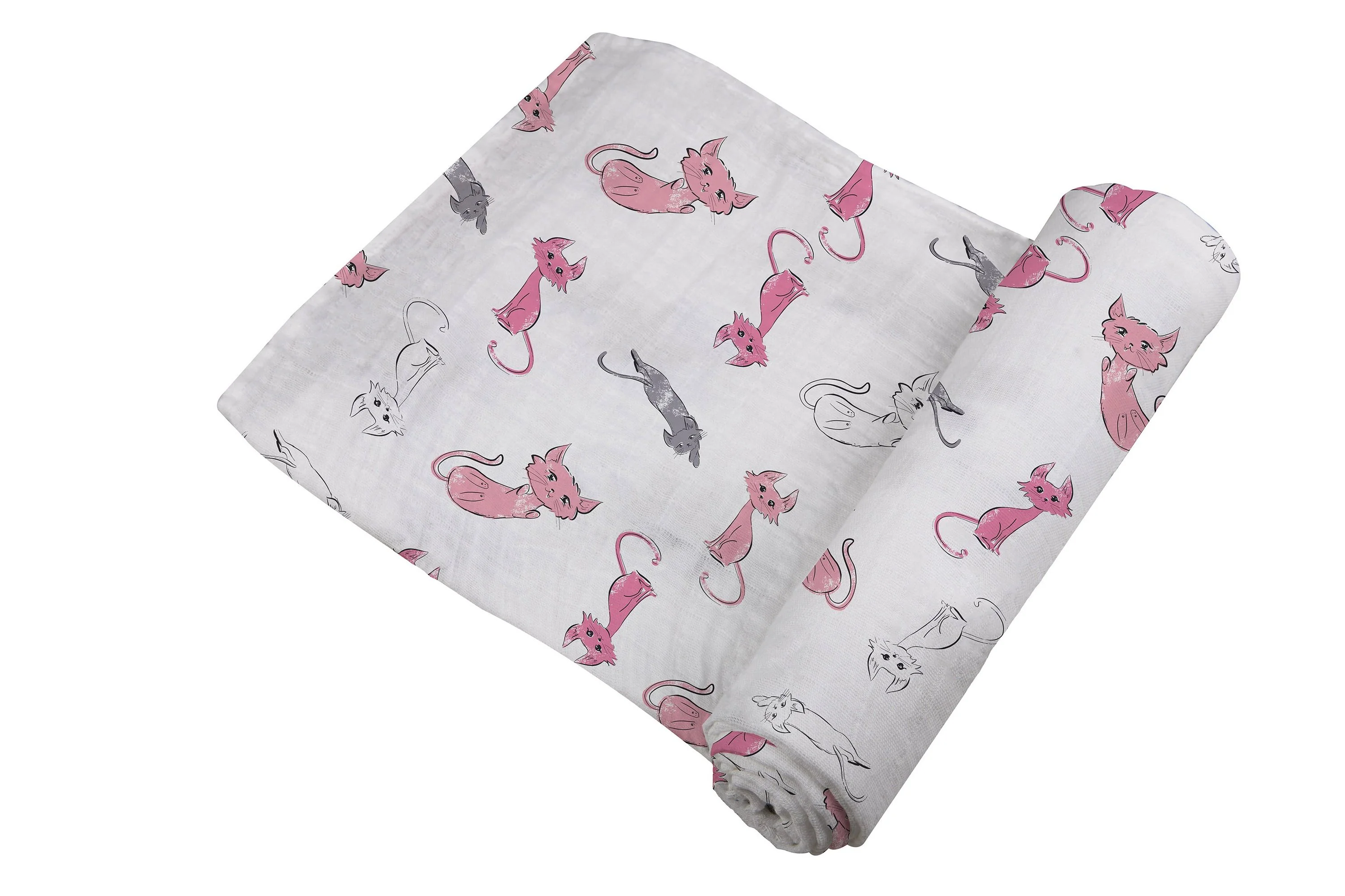 Bamboo Muslin Swaddle Pink Kitty Print Breathable Soft - Image 6