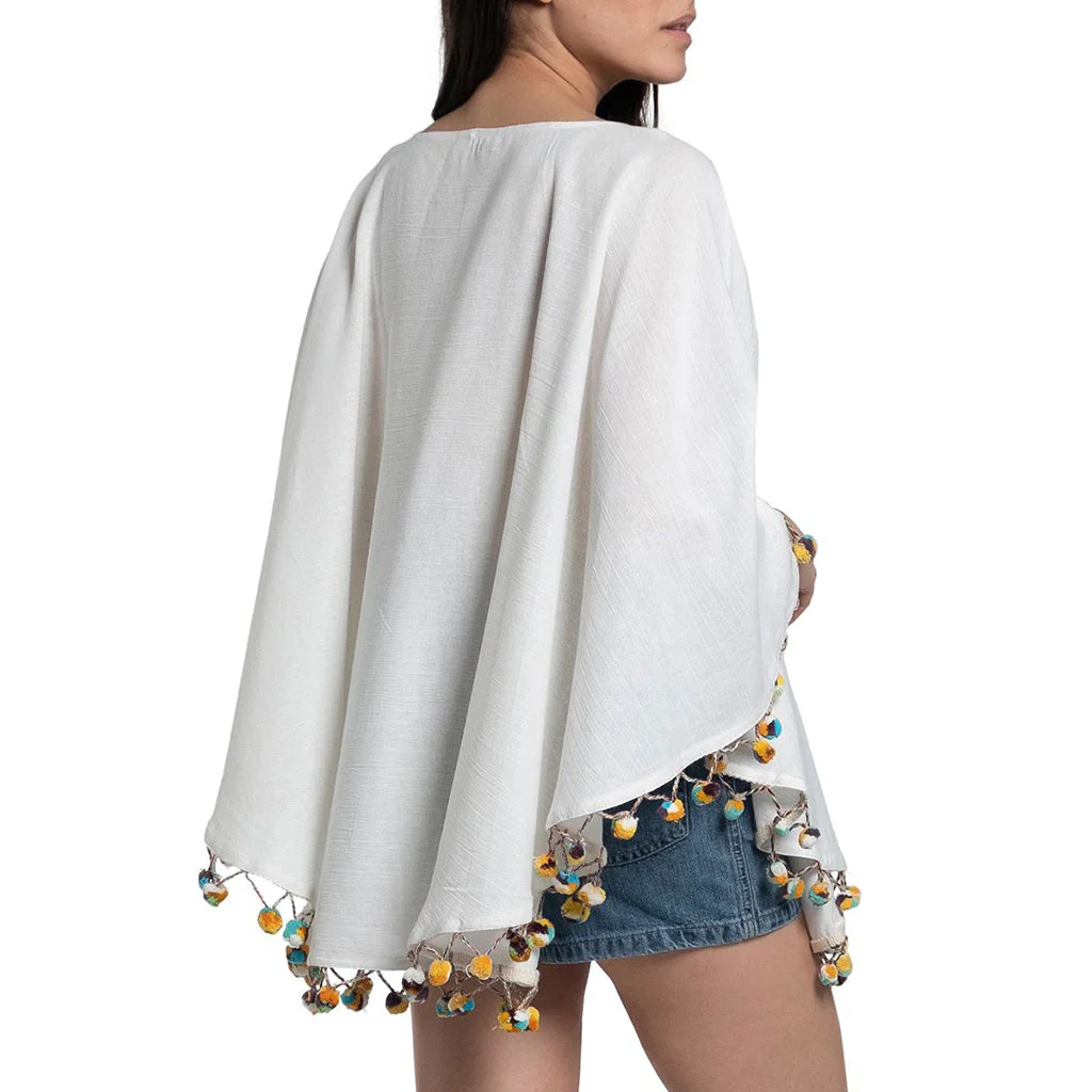 Turkish Cotton Pom Pom Tunic Beach Cover Up One Size Resort Swim Cover - Image 3