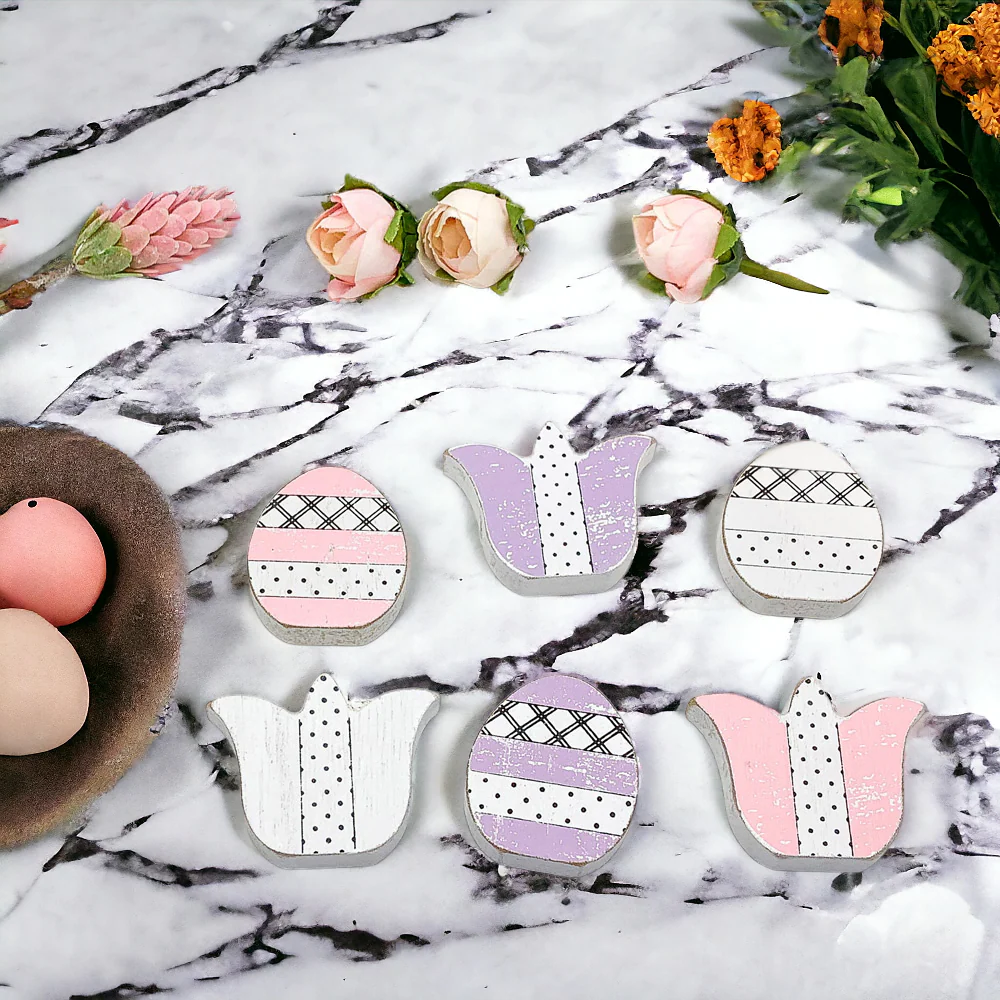 Handmade Wooden Spring Easter Decor 6Pc Accents Tulips And Easter Eggs Mantel Tier Tray Display - Image 10