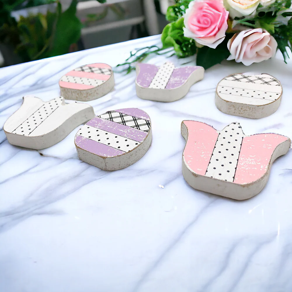 Handmade Wooden Spring Easter Decor 6Pc Accents Tulips And Easter Eggs Mantel Tier Tray Display - Image 4