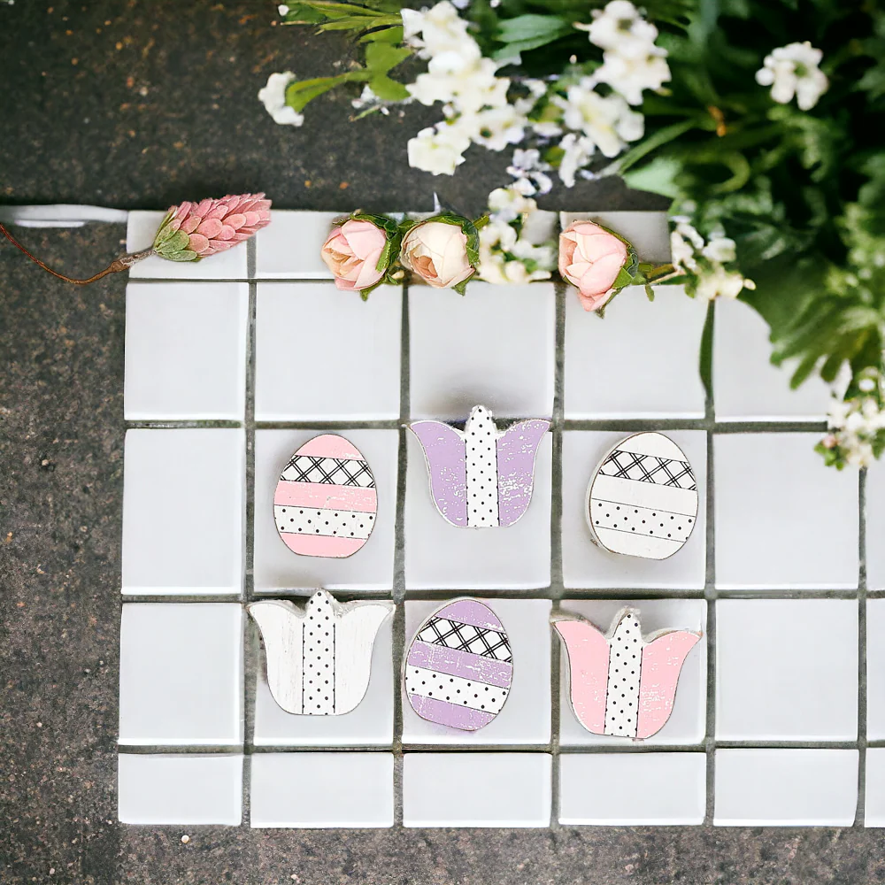 Handmade Wooden Spring Easter Decor 6Pc Accents Tulips And Easter Eggs Mantel Tier Tray Display - Image 6