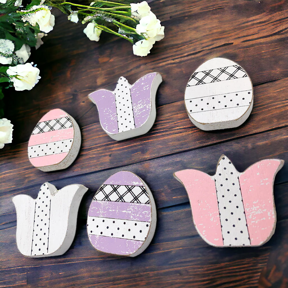 Handmade Wooden Spring Easter Decor 6Pc Accents Tulips And Easter Eggs Mantel Tier Tray Display - Image 7